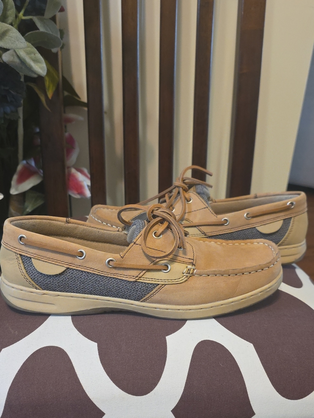 Women's Tan and Navy Blue Casual Boat Loafers